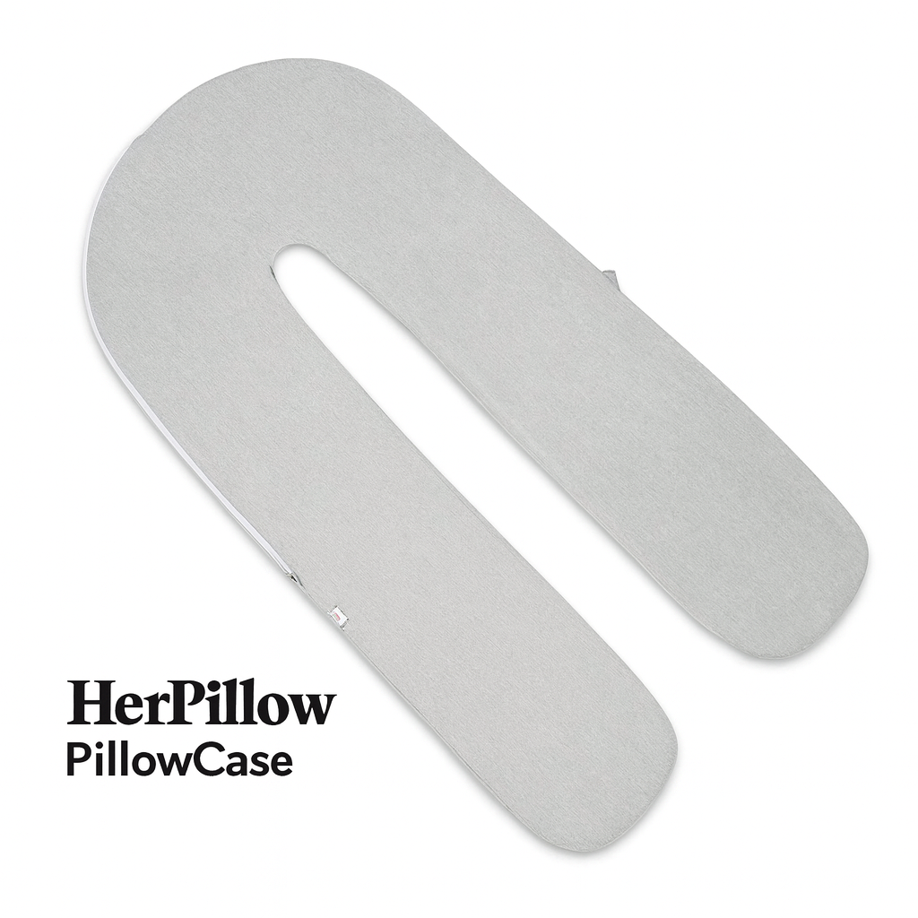 Gray pillowcase with 'HerPillow' branding on a white background