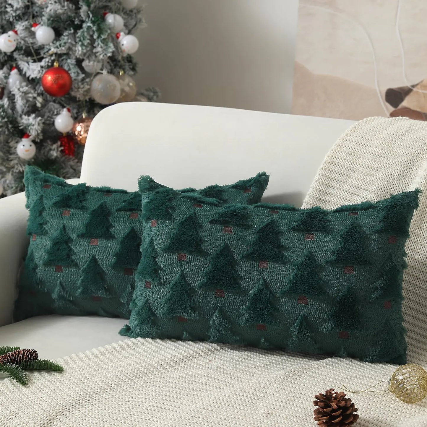 HerPillow Co. Set of 2 Christmas Decorations Christmas Tree Throw Pillow Cases Soft Plush Faux Fur Wool Pillow