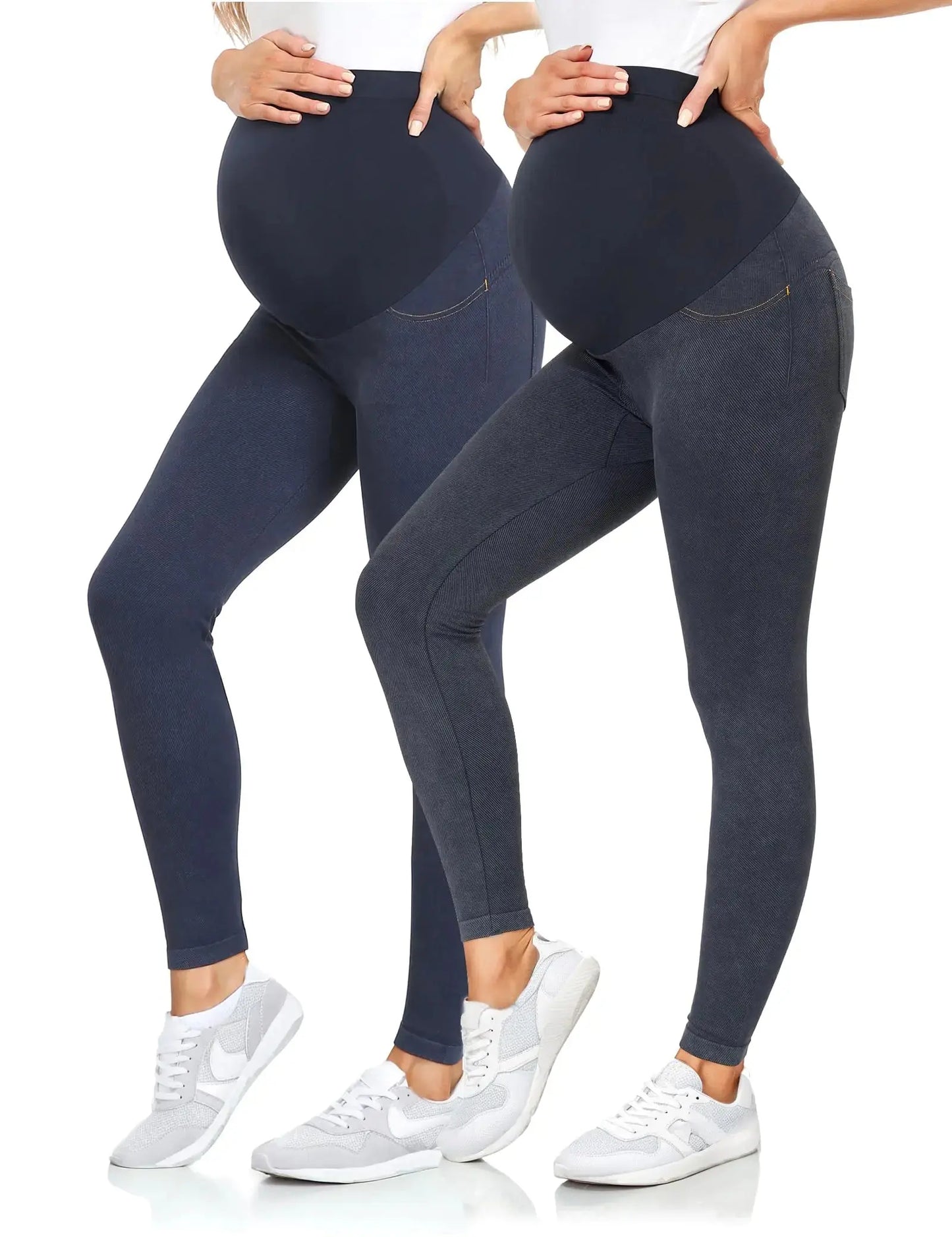 HerPillow Maternity Denim Leggings Over The Belly Seamless Comfy Pregnancy Faux Jeans Pants with Pockets Grey Navy M HerPillow.store