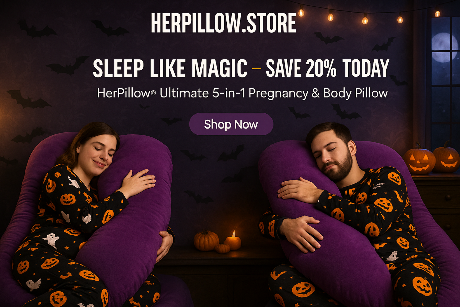 Two people using a pregnancy and body pillow with Halloween-themed pajamas against a dark background with pumpkins and bats.