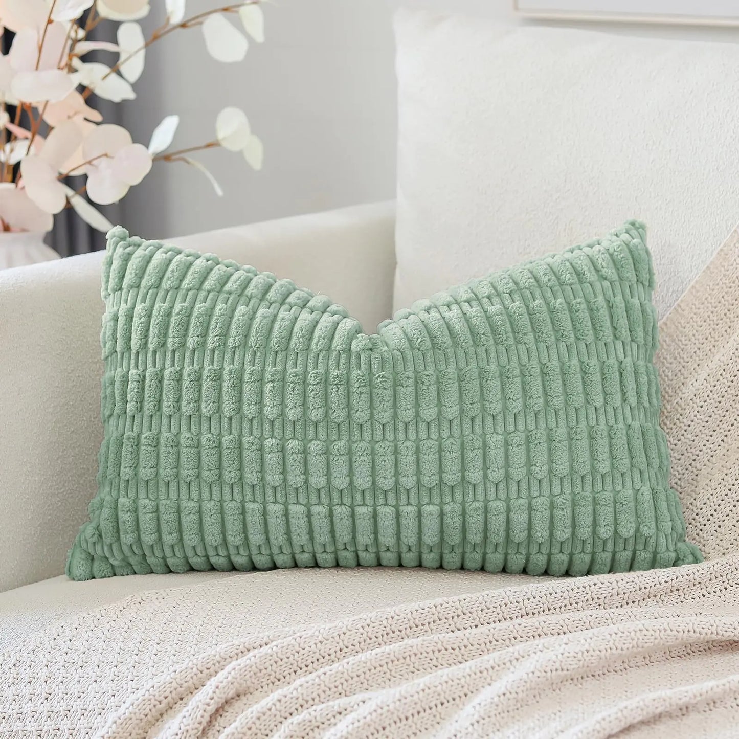 HerPillow Decorative Throw Pillow Covers 12x20 Inch Super Soft Boho Striped Rectangle Pillow Covers Case Modern Cushion Covers for Sofa Couch Bedroom Car Decor Aqua Green