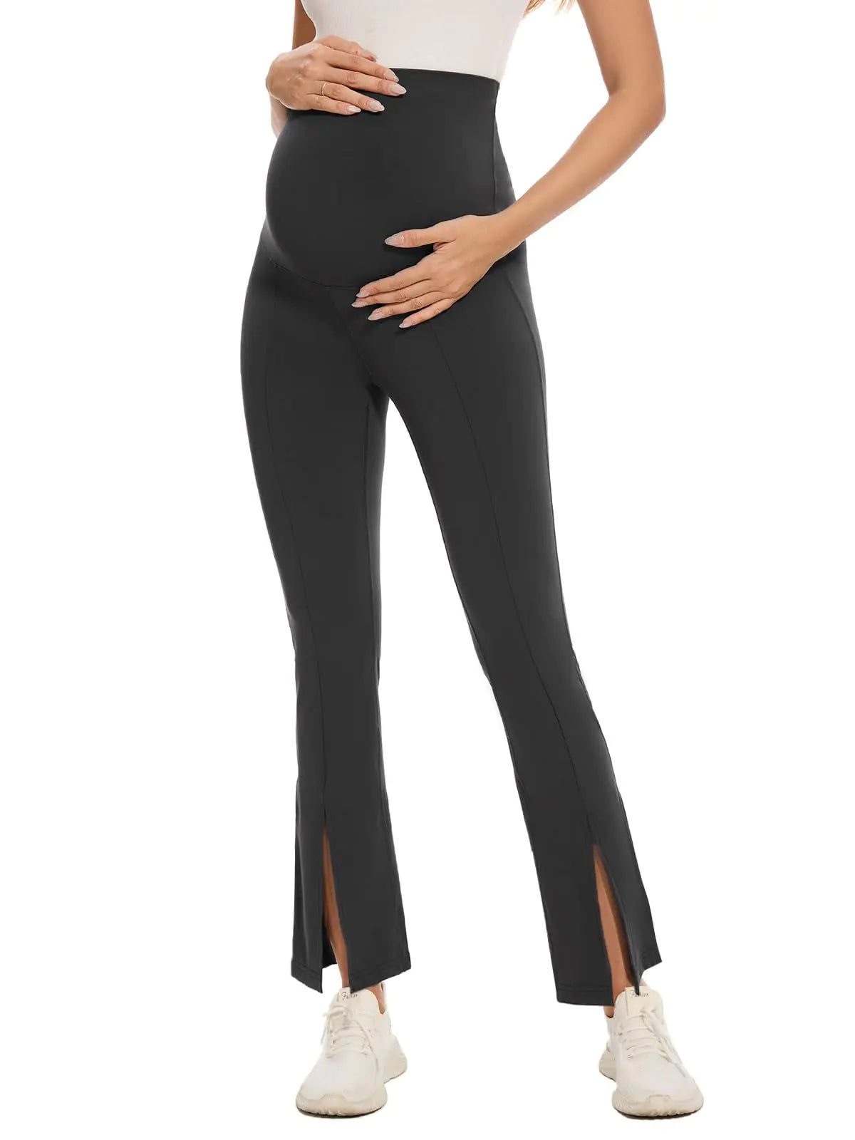 Maternity Flare Leggings Over The Belly Maternity Workout Leggings Split Front Bootcut Pregnancy Yoga Pants Soft Black