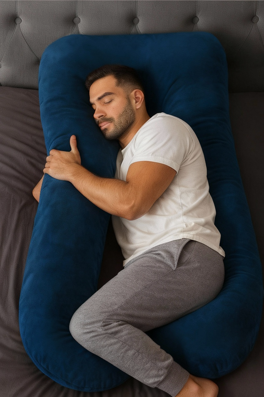 Man resting on a navy-blue full-body pillow with soft velvet cover.