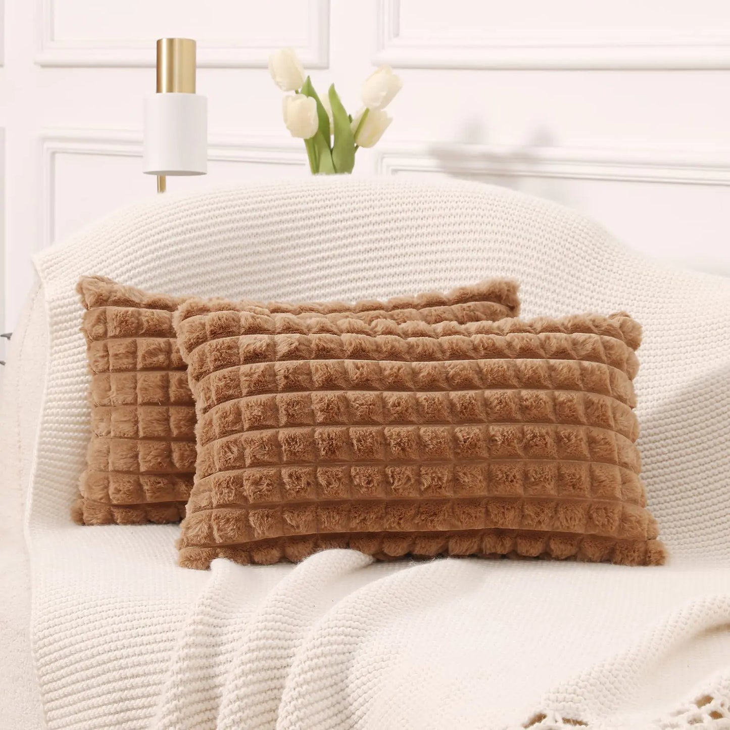 HerPillow Set of 2 Super Soft Plush Faux Fur Lumbar Throw Pillow Covers 12x20 InchPlaid Texture Modern Luxury Decorative Pillow Case Cushion Cover for Home Decor Sofa Couch Bed FarmhouseBrown