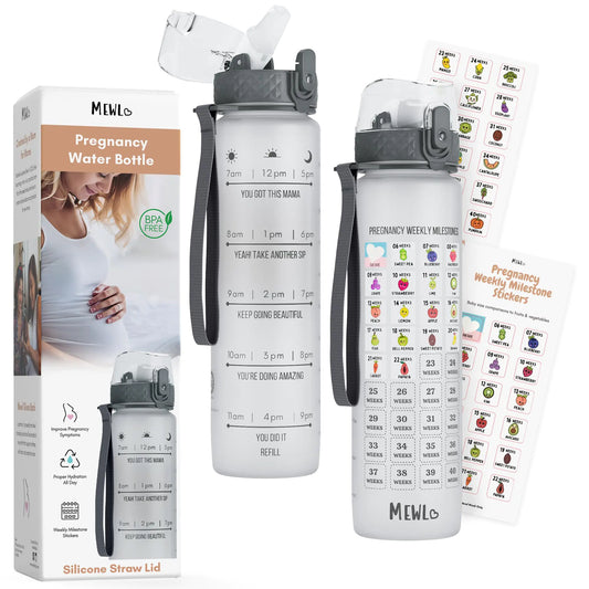 Pregnancy Water Bottle Tracker with Straw (BPA Free) by Mewl - Weekly Pregnancy Milestone Stickers & Motivational Water Bottle with Time Marker - Pregnancy Must Haves & First Time Mom Gift