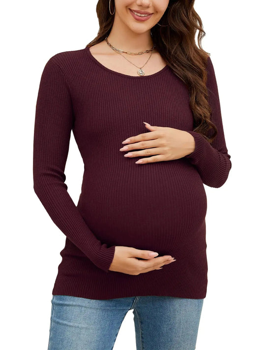 Maternity Shirts Long Sleeve Ribbed Knit Crewneck Pregnancy Tunic Tops Casual Maternity Clothes Wine Red HerPillow.store