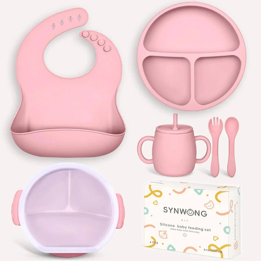 HerPillow Silicone Baby Feeding Set - Baby gift set，Contains silicone bibs for babies，suction plates for baby，baby spoons，baby bowls，baby cup ， baby forks for self feeding baby led weaning(Pink) HerPillow.store
