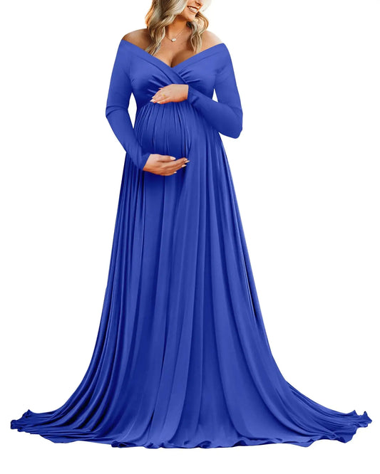 Saslax Pregnancy Dresses for Photography Maternity Off Shoulders Long Sleeve Half Circle Gown for Baby Shower Photo Props Dress Blue 135 X-Large HerPillow.store