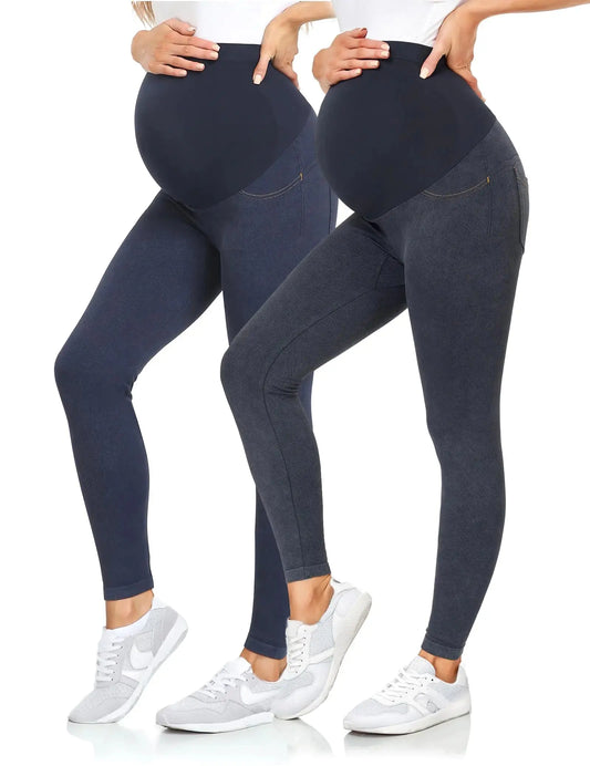 HerPillow Maternity Denim Leggings Over The Belly Seamless Comfy Pregnancy Faux Jeans Pants with Pockets Grey Navy M HerPillow.store