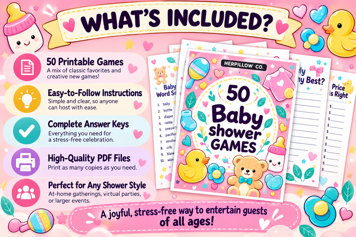 HerPillow 50 printable baby shower games digital collection featuring easy-to-follow instructions, complete answer keys, high-quality PDF files, and games perfect for any shower style.