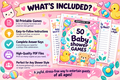 HerPillow 50 printable baby shower games digital collection featuring easy-to-follow instructions, complete answer keys, high-quality PDF files, and games perfect for any shower style.