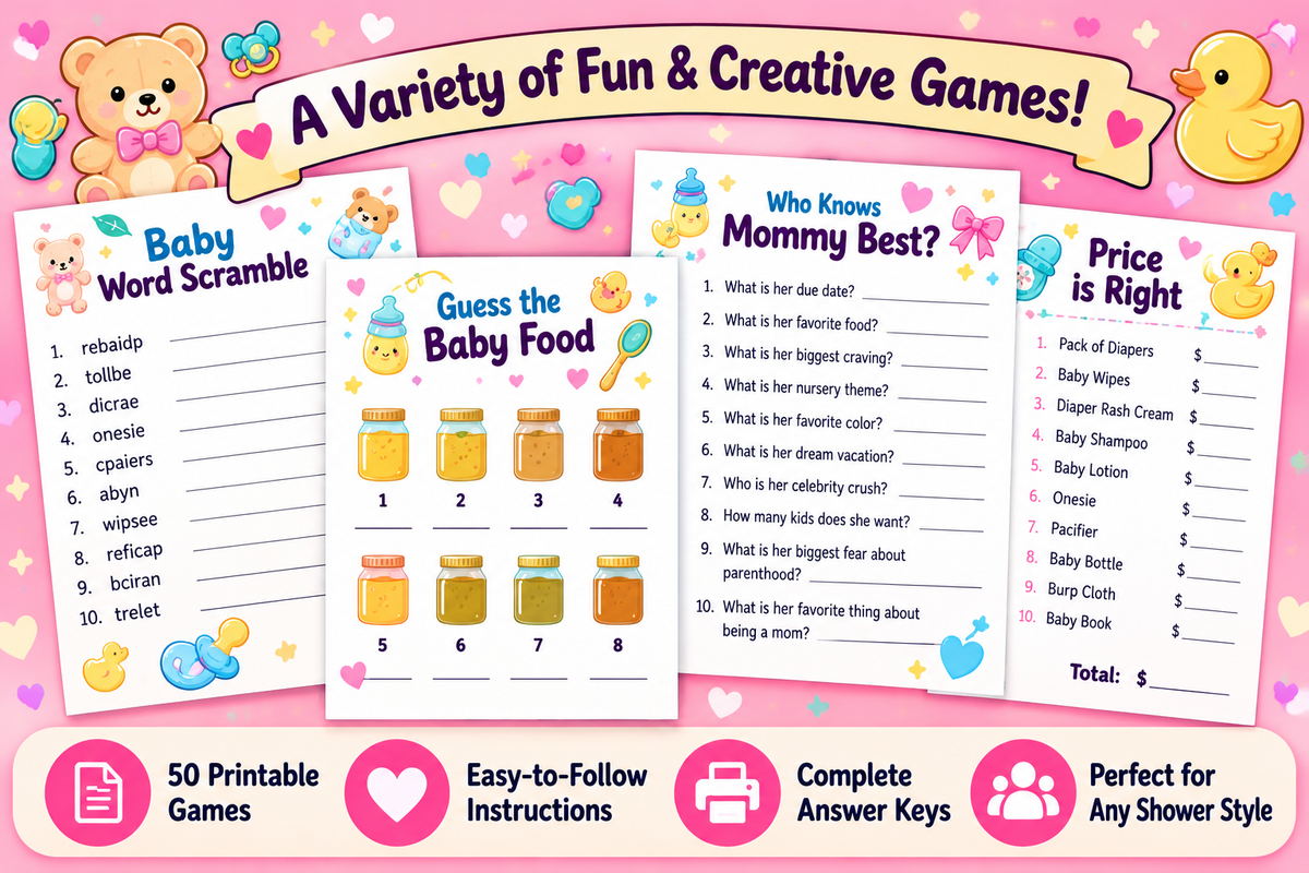 Herpillow.store 50 printable baby shower games preview featuring Baby Word Scramble, Guess the Baby Food, Who Knows Mommy Best, and Price Is Right, with easy instructions and answer keys.
