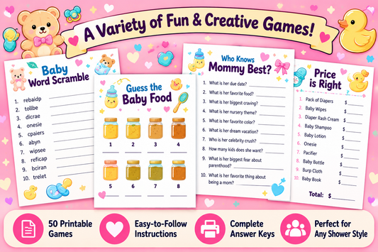 Herpillow.store 50 printable baby shower games preview featuring Baby Word Scramble, Guess the Baby Food, Who Knows Mommy Best, and Price Is Right, with easy instructions and answer keys.