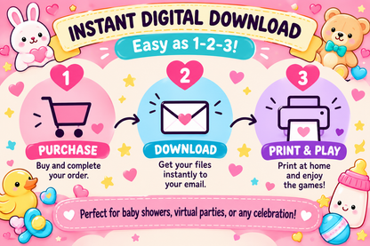 HerPillow Instant digital download guide showing three simple steps: purchase, download the files by email, and print and play the baby shower games.