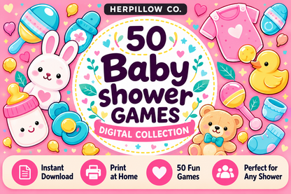 HerPillow Co Baby Shower Games digital collection by HerPillow.store featuring colorful baby-themed illustrations, 50 fun printable games, instant download, print-at-home convenience, and games for any baby shower.