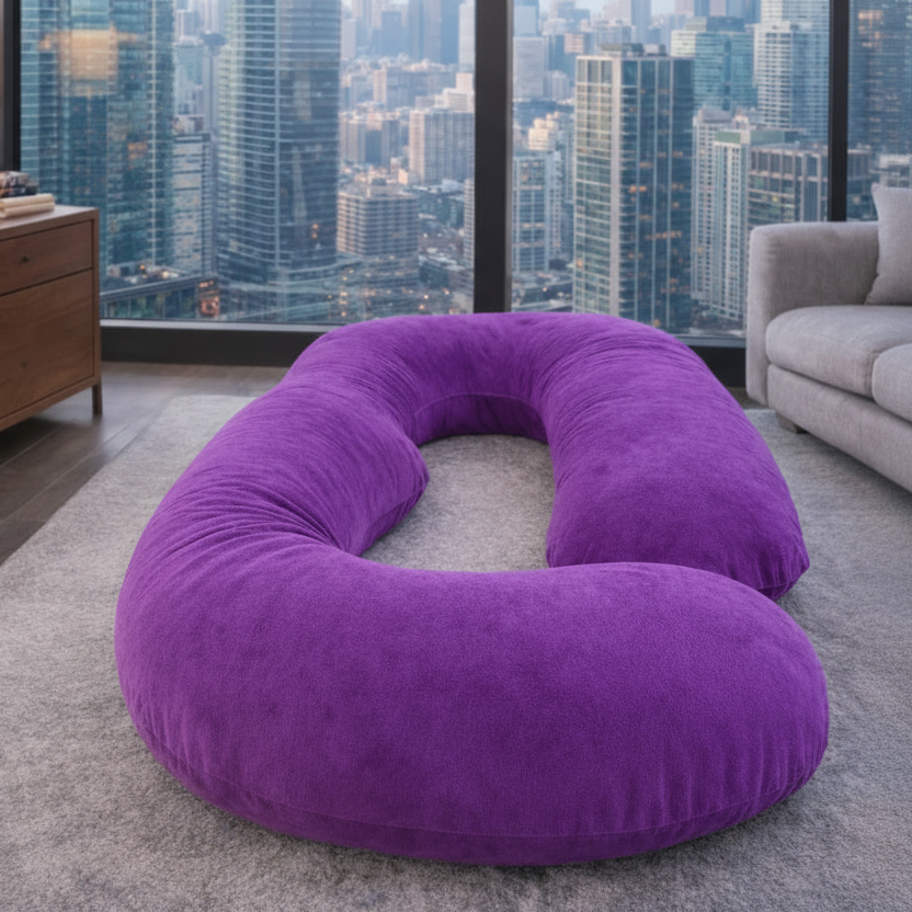 Luxury purple U-shaped velvet body pillow in modern penthouse with skyline views – HerPillow Premium 5-in-1 full body support pillow