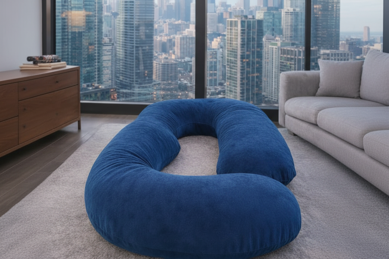Luxury purple U-shaped velvet body pillow in modern penthouse with skyline views – HerPillow Premium 5-in-1 full body support pillow