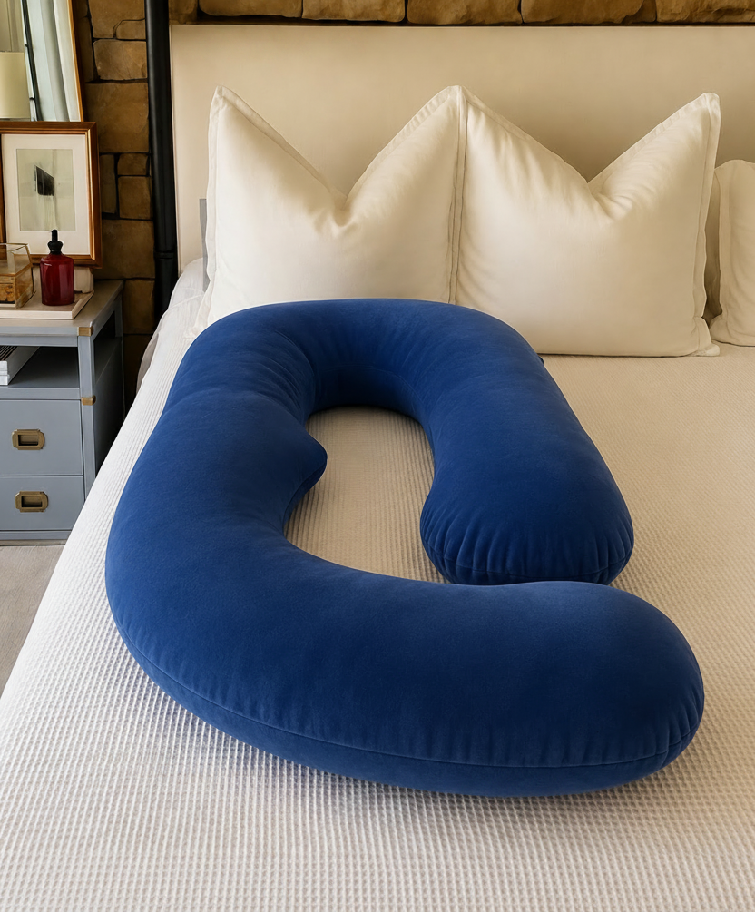 Blue U-shaped pillow on a bed with 'herpillow' branding in the background.