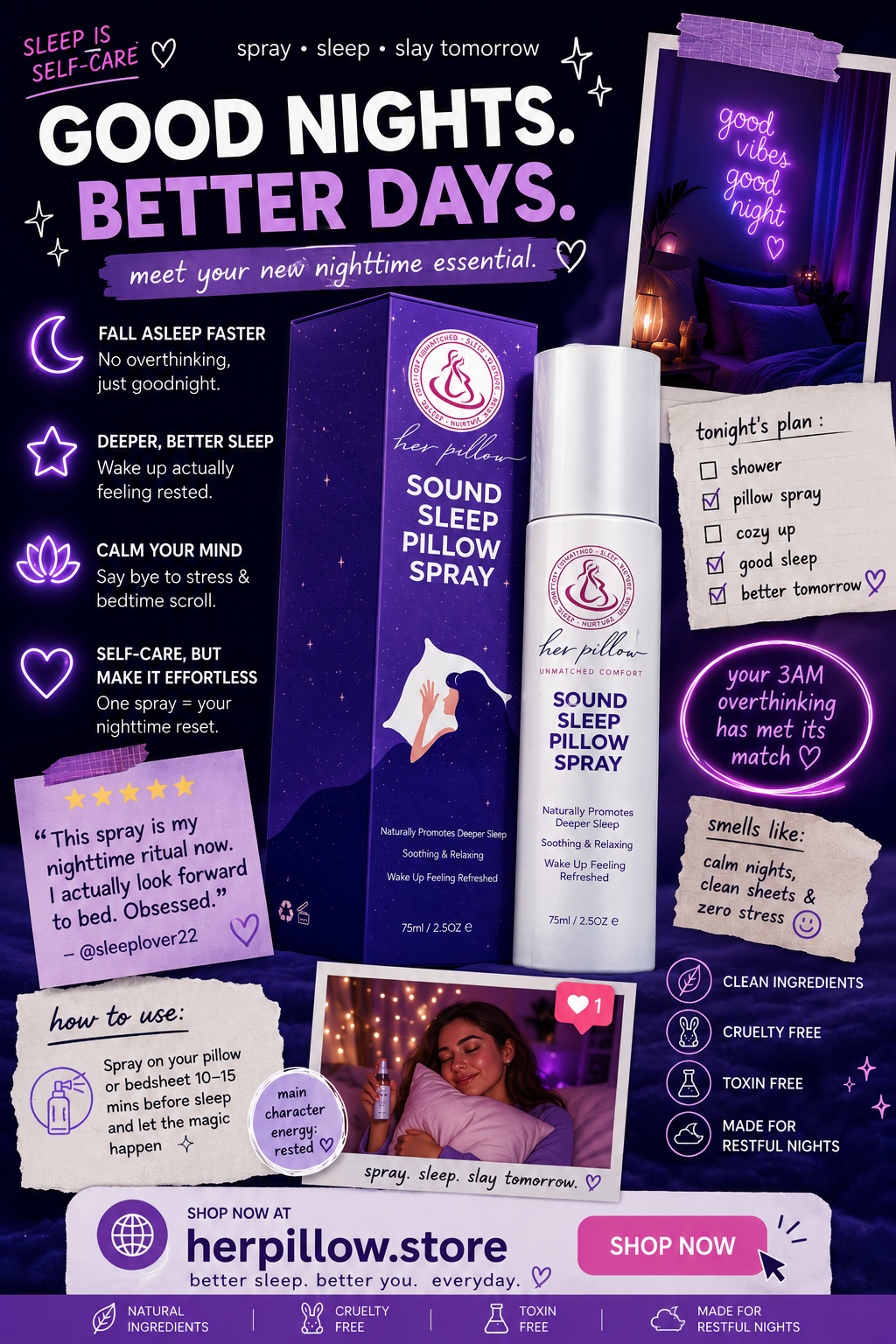 HerPillow Sound Sleep Pillow Spray packaging with promotional text and images on a purple background.