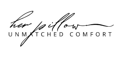 Logo for 'her pillow' with the tagline 'Unmatched Comfort' on a white background.