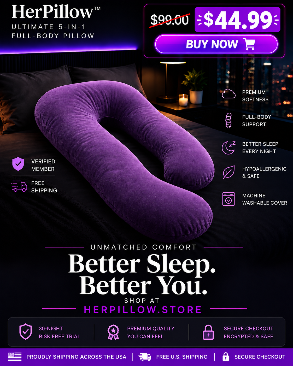 HerPillow Ultimate 5-in-1 purple full-body pillow on a luxury bed with $44.99 sale price and Buy Now button