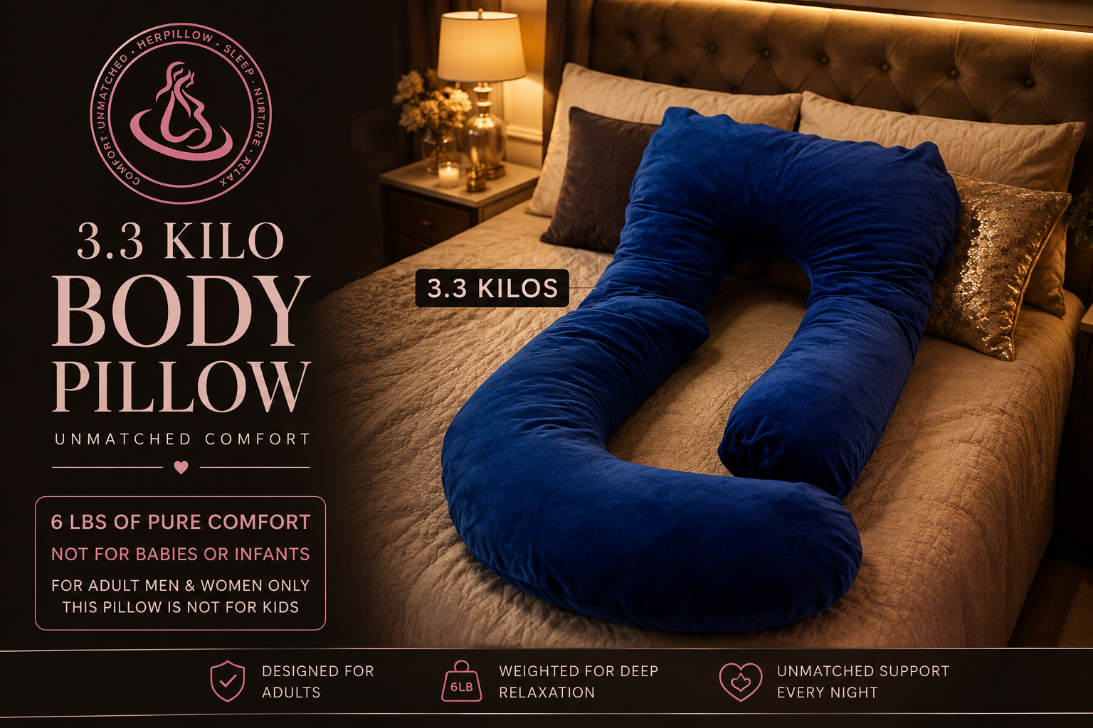 HerPillow body pillow on a bed with product details displayed.