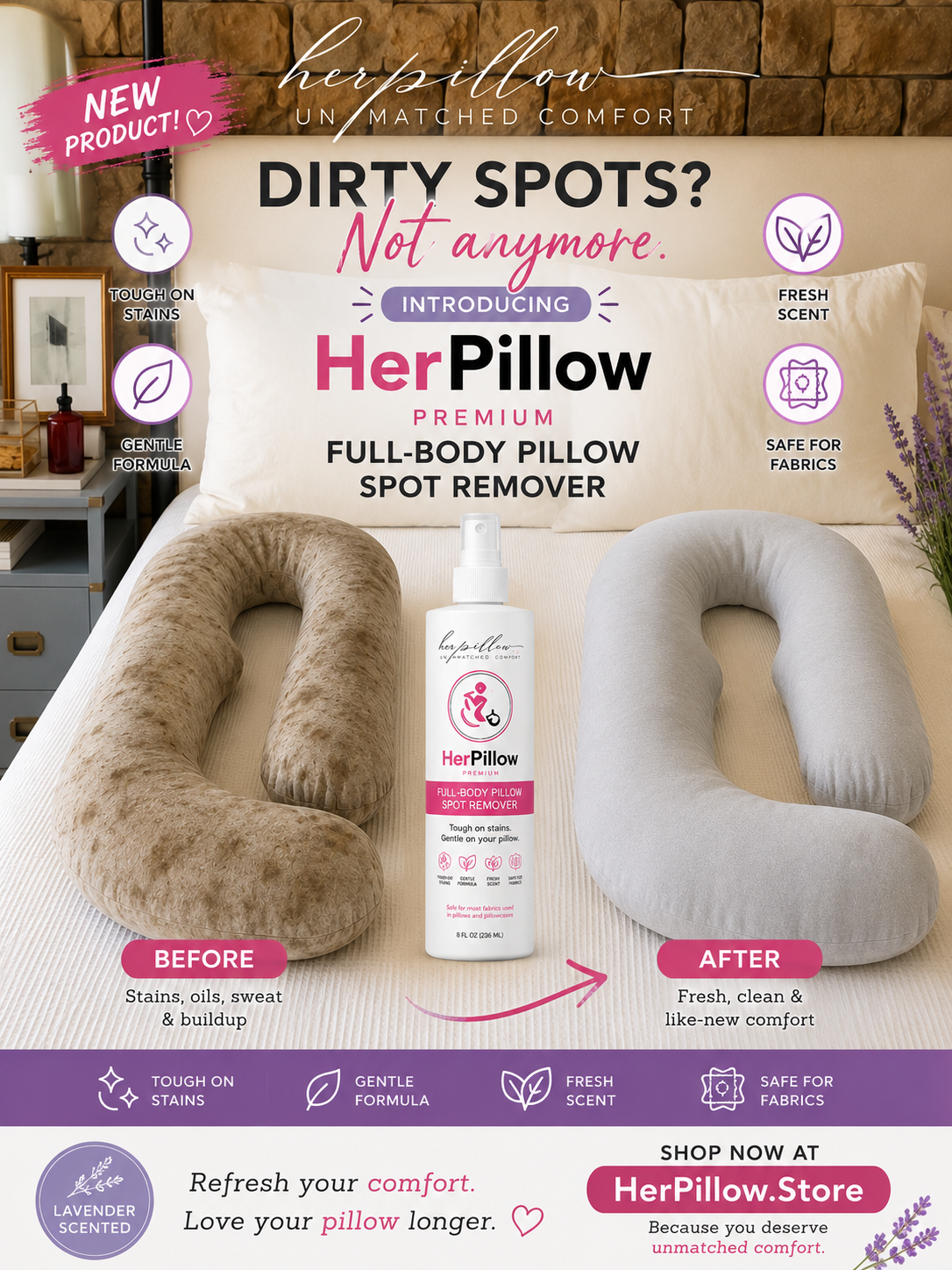 Advertisement for HerPillow full-body pillow spot remover with before and after effects on a pillow.