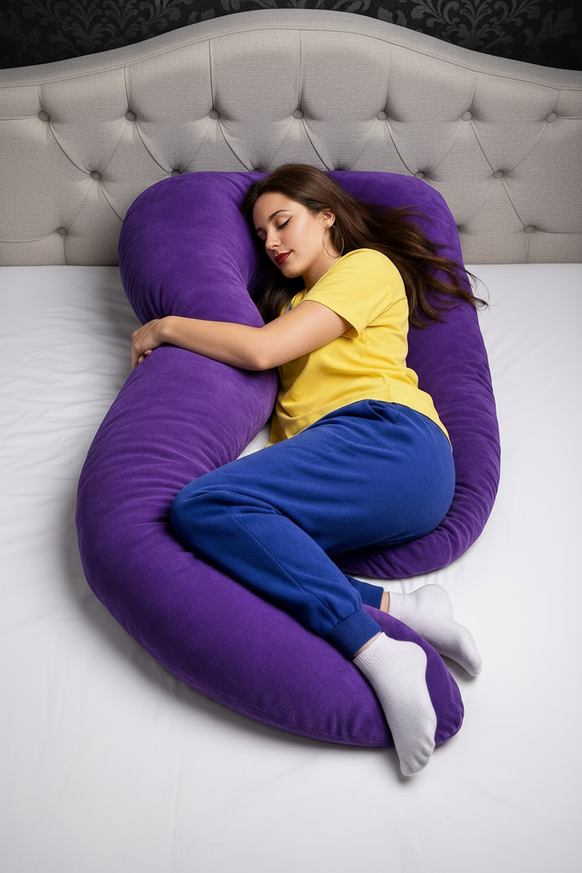 Woman lying on a herpillow U-shaped pillow with 'HerPillow' branding on a striped bed.