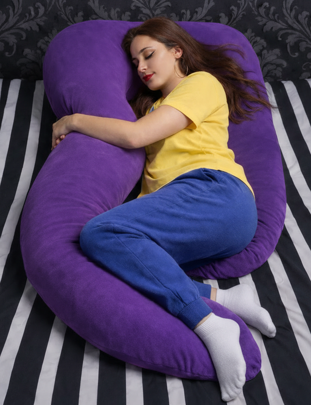 Woman lying on a HerPillow purple body pillow on a bed with striped bedding and decorative wall.