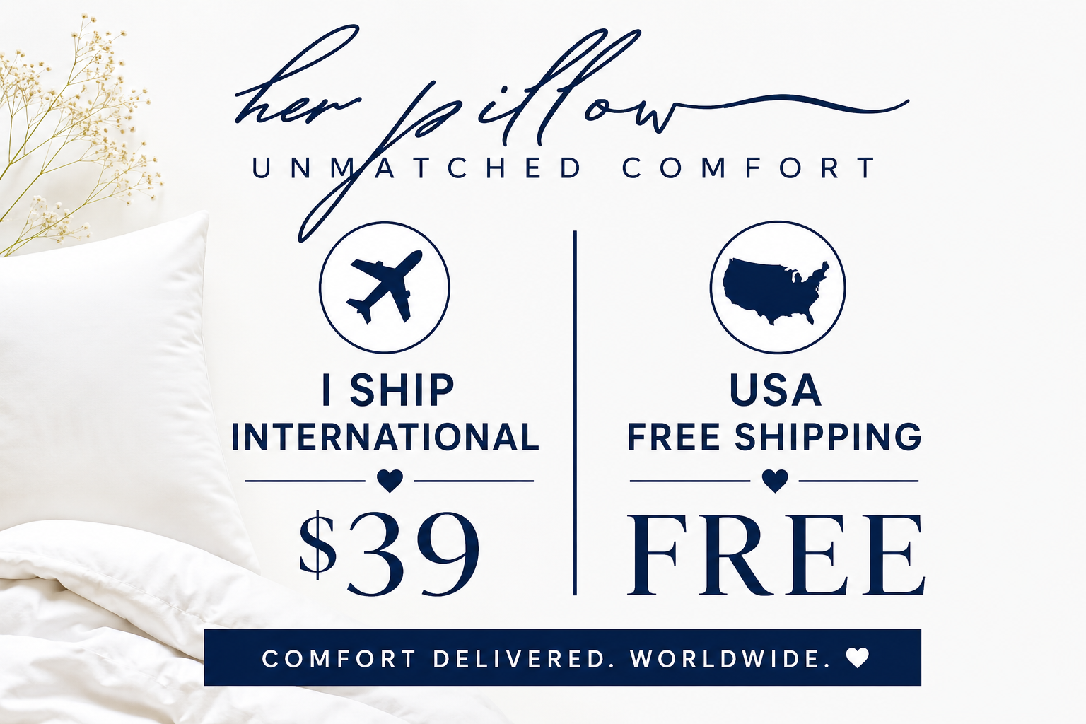 Advertisement for 'herpillow' with shipping information on a white background