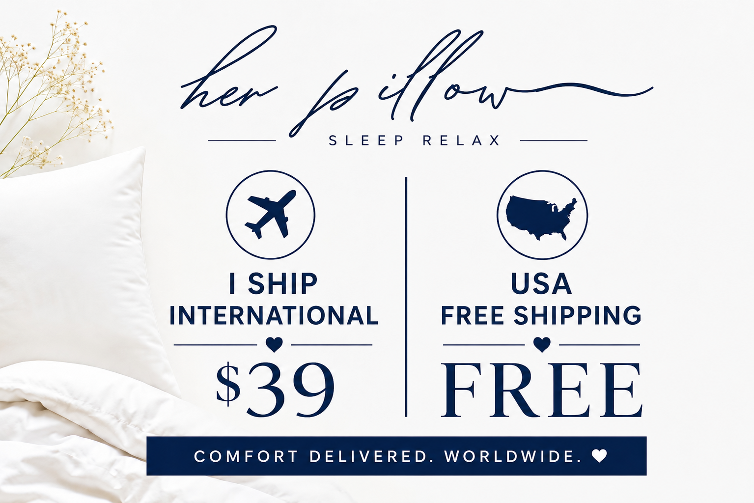 Advertisement for 'Her Pillow' with shipping information on a white background