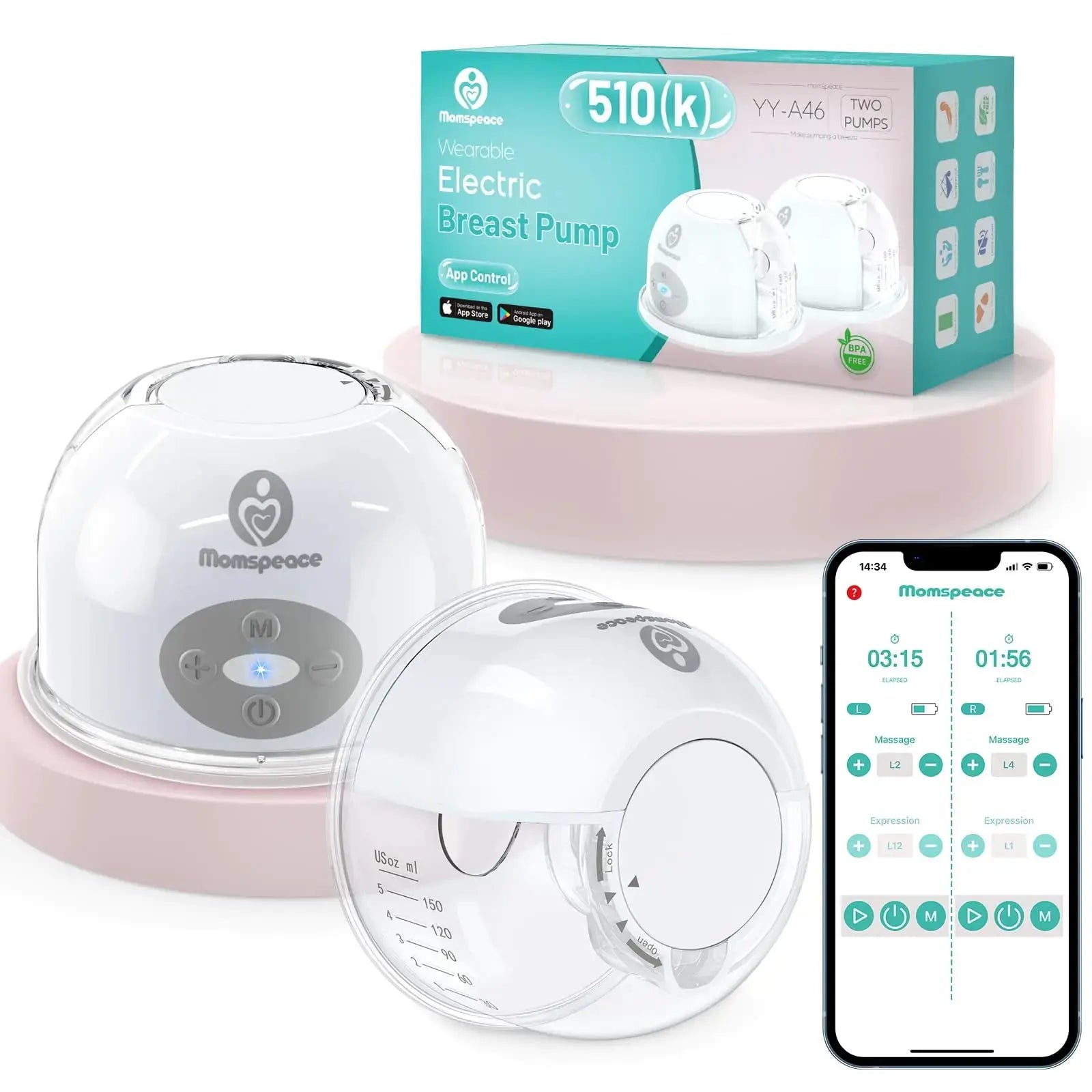 HerPillow Breast Pump Hands Free with APP for Busy Moms Momspeace Upgraded Portable Electric Breast Pumps Discreet Pumping Anywhere Anti-Backflow Safe Double Breast Pumps for Breastfeeding 24mm 2 Pack HerPillow.store