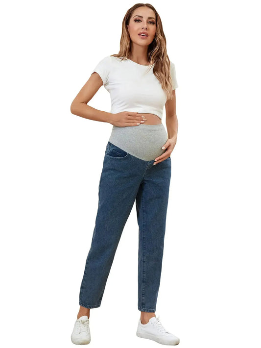 HerPillow Womens Maternity Oversized Adjustable Elastic Waist Work Wide Leg Pants Pregnancy Comfy Jeans Medium Wash Solid S HerPillow.store