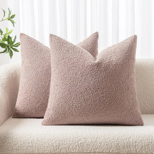 HerPillow Pack of 2 Boucle Throw Pillow Covers Textured Square Decorative Pillowcases Accent Solid Cushion Covers Home Decor for Sofa Couch Living Room Home Decor 20x20 Inch Pink