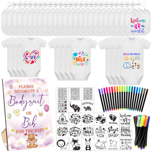 HerPillow 82Pcs Baby Bib Bodysuit Baby Shower Set Baby Shower Game Sign Baby Feeder Bib Newborn Bodysuit Fabric Marker(Pink Bear)