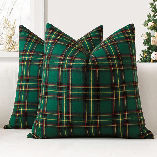 HerPillow Pack of 2 Christmas Plaid Decorative Throw Pillow Covers 16x16 Inch Scottish Tartan Farmhouse Decor Pillow Covers Cushion Case Couch Pillowcase for Home Sofa Bed Decor (Green Black)
