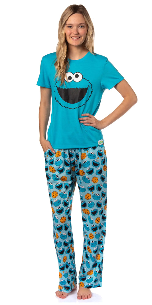 Sesame Street Womens Big Face Tossed Print Character Sleep Pajama Set (Cookie Monster XX-Large)