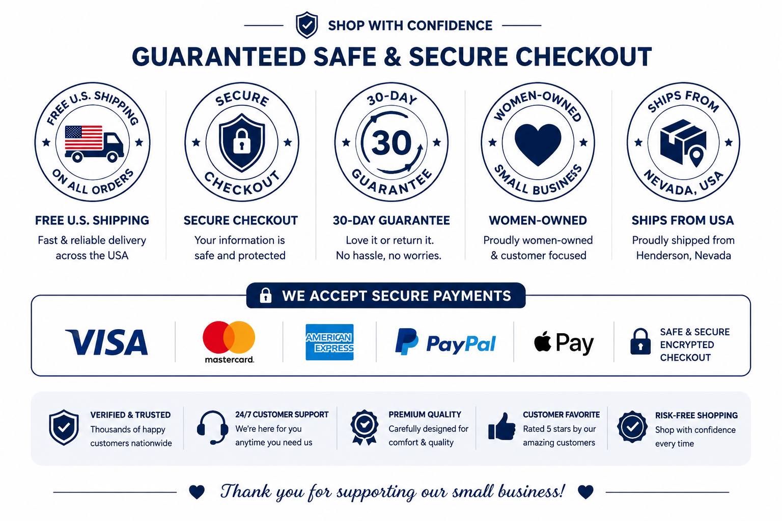 Promotional graphic for a small business herpillow with various assurances and acceptance logos.