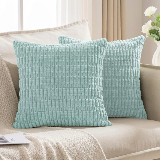 HerPillow 2 PCS Throw Pillow Covers Corduroy Striped Decorative Pillows Cover for Farmhouse Boho Home Decor Living Room Bed Sofa Couch Pillow Covers 16x16in Light Blue