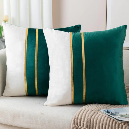 HerPillow Set of 2 Velvet Decorative Throw Pillow Covers Dark Green White Patchwork