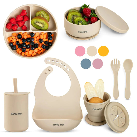 HerPillow Baby Silicone Baby Feeding Set 8 PCS Baby-Led Weaning Supplies with Baby Plates and Utensils Set, Baby Spoon and Fork, Adjustable Bib, Baby Silicone Feeding Set (Beige) HerPillow.store