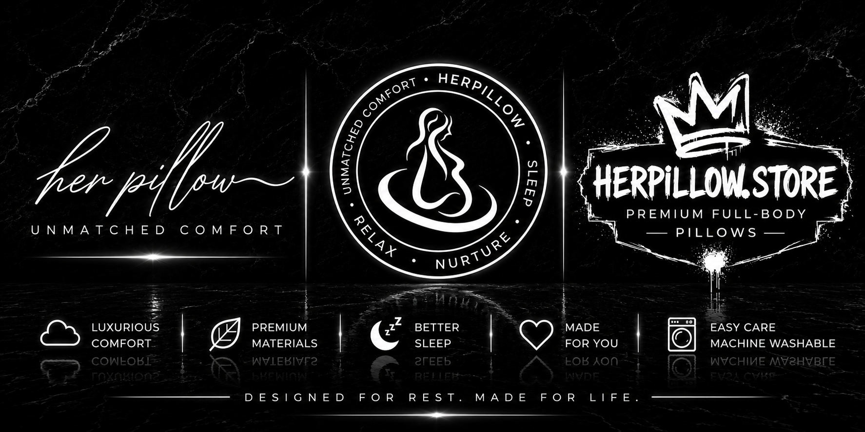 HerPillow black and white premium full-body pillow branding banner featuring three logos, Unmatched Comfort, HerPillow Sleep Relax Nurture, and HerPillow.Store Premium Full-Body Pillows.