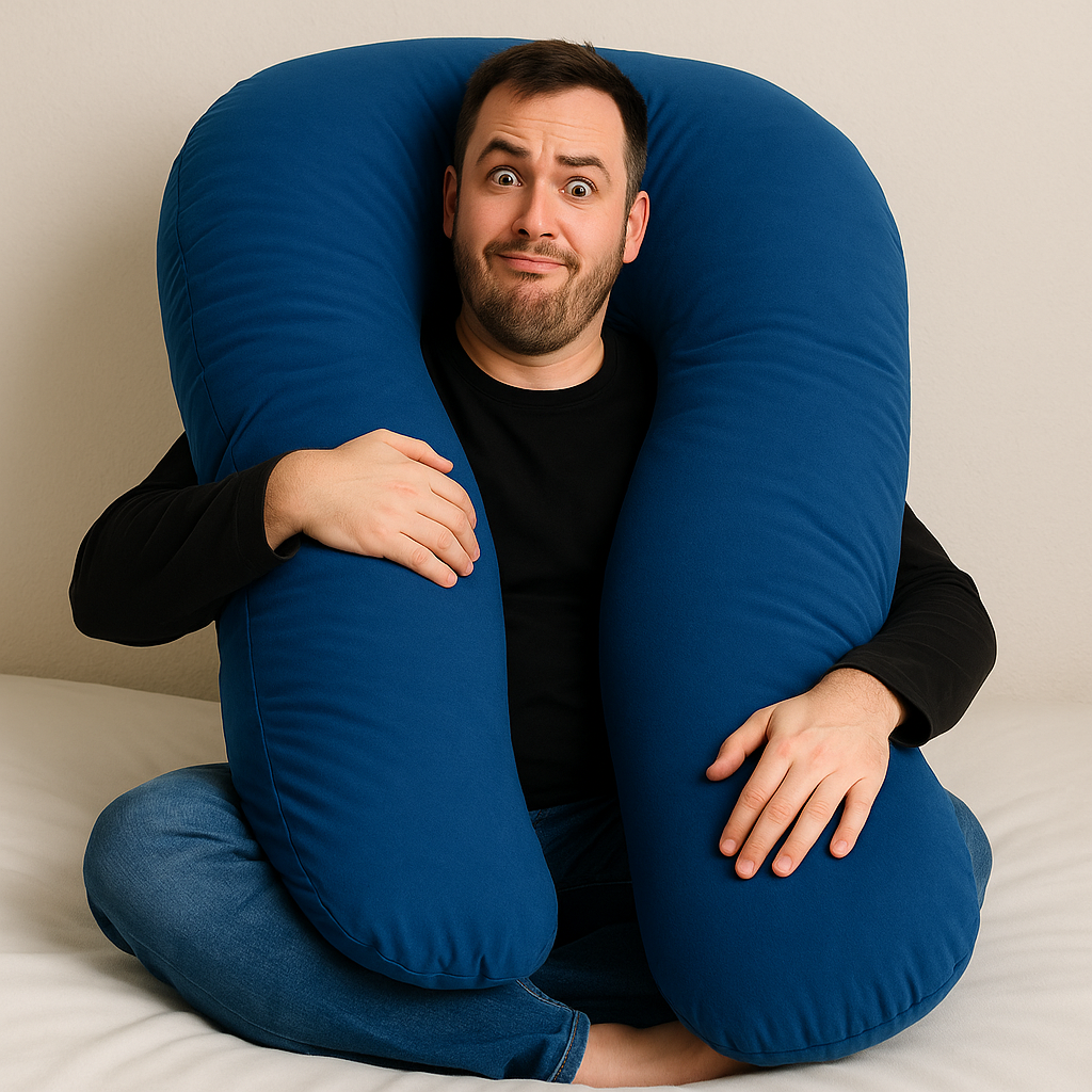 Man sitting on a bed holding a HerPillow full body pillow, showing a casual and cozy everyday use position.