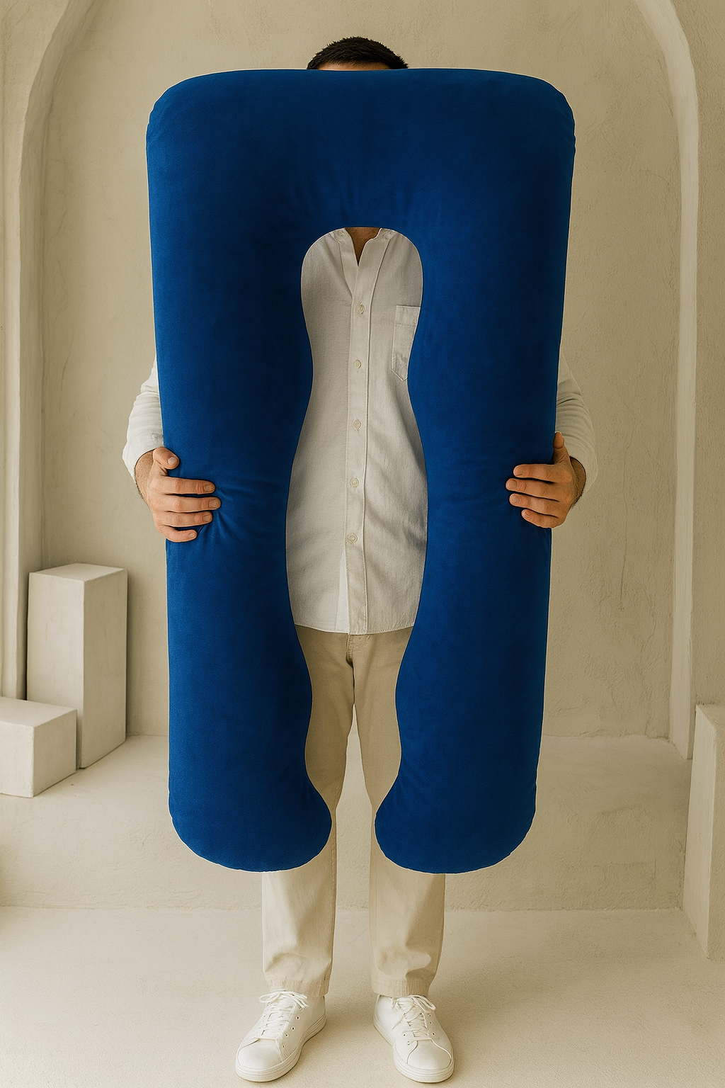 Person standing indoors holding a HerPillow full body pillow, showing the size and shape of the pillow