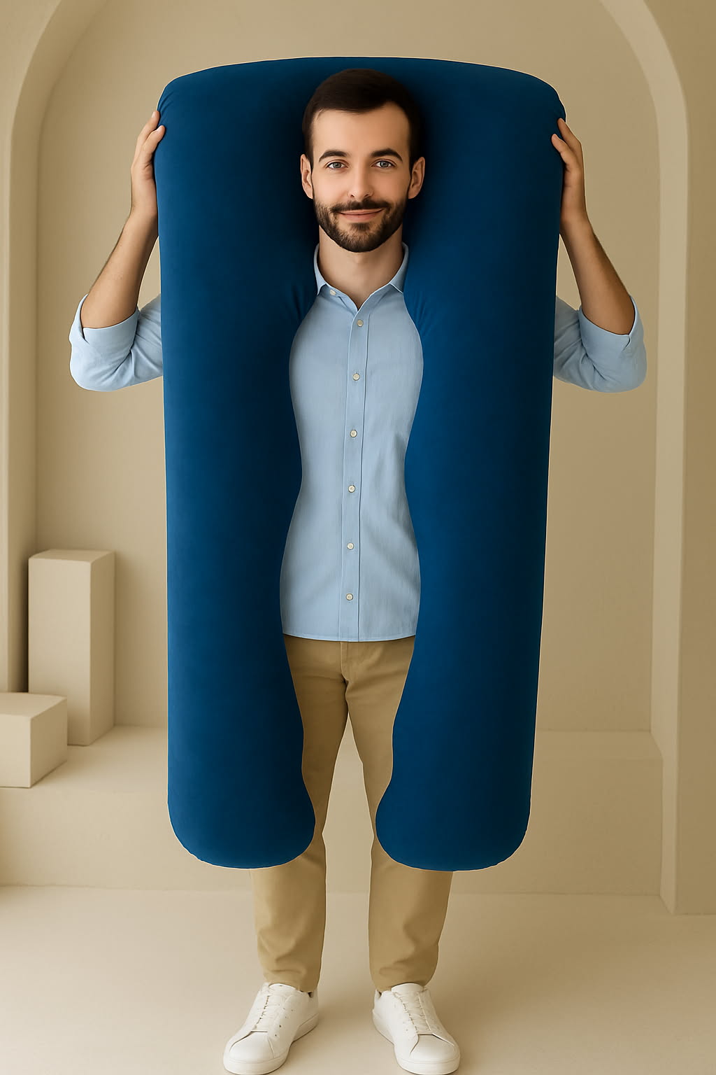 Man standing indoors holding a HerPillow full body pillow upright to show its size and shape.
