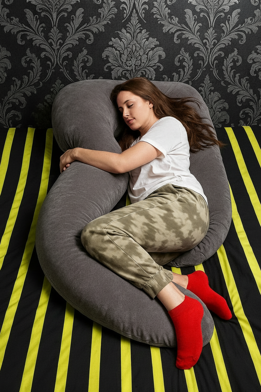 Person relaxing on a gray HerPillow® U-shaped full-body pillow against a decorative wall.