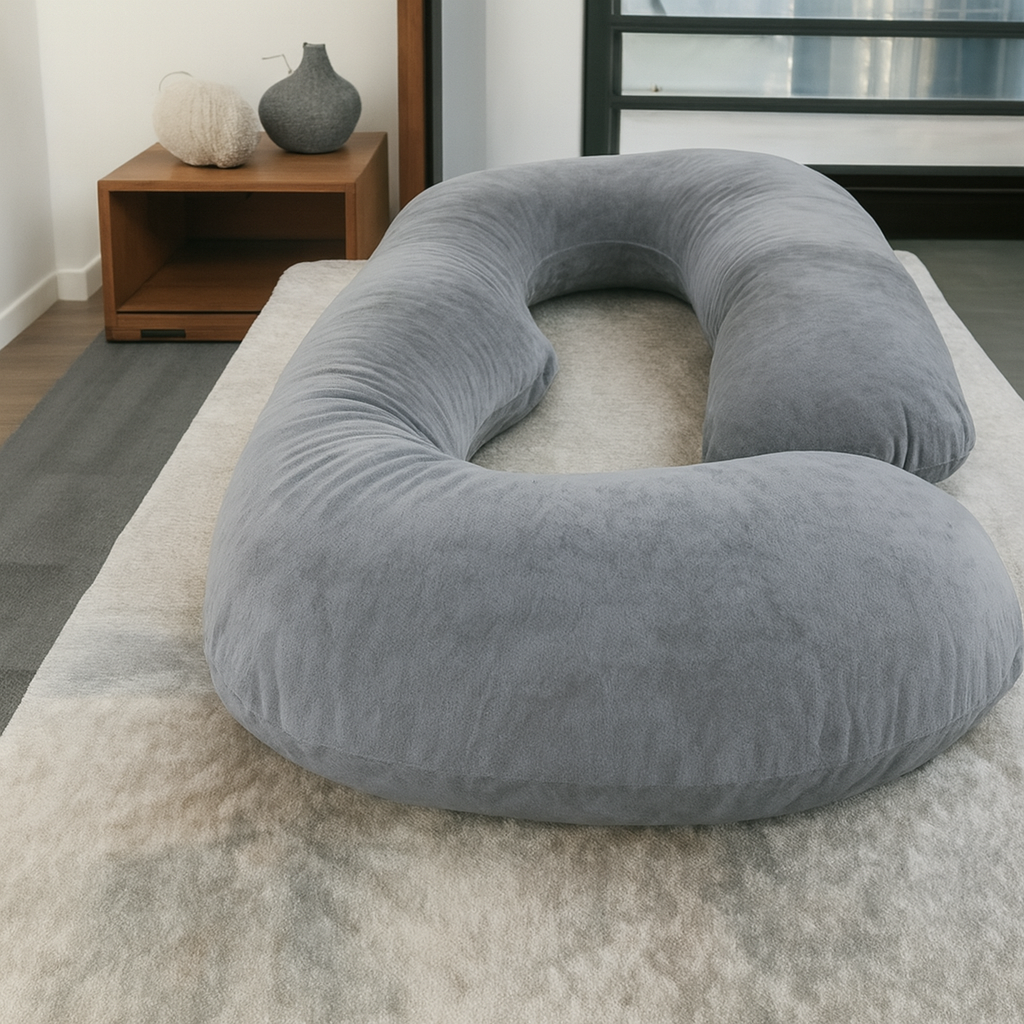 HerPillow® gray U-shaped full-body pillow displayed on a bed in a modern bedroom.