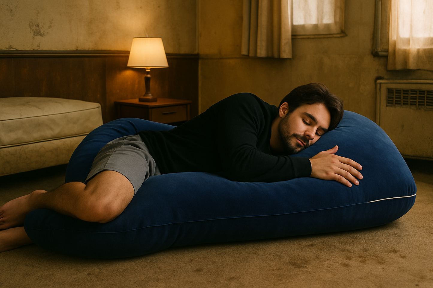 Man resting comfortably on a HerPillow full body pillow indoors, showing a relaxed lounging position for everyday comfort.