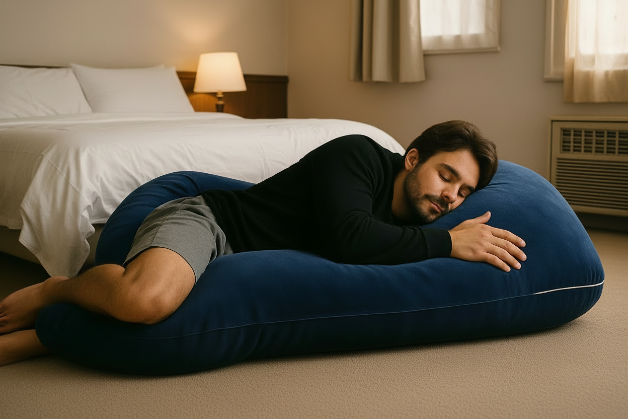 Man resting comfortably on a HerPillow full body pillow indoors, showing a relaxed lounging position for everyday comfort.