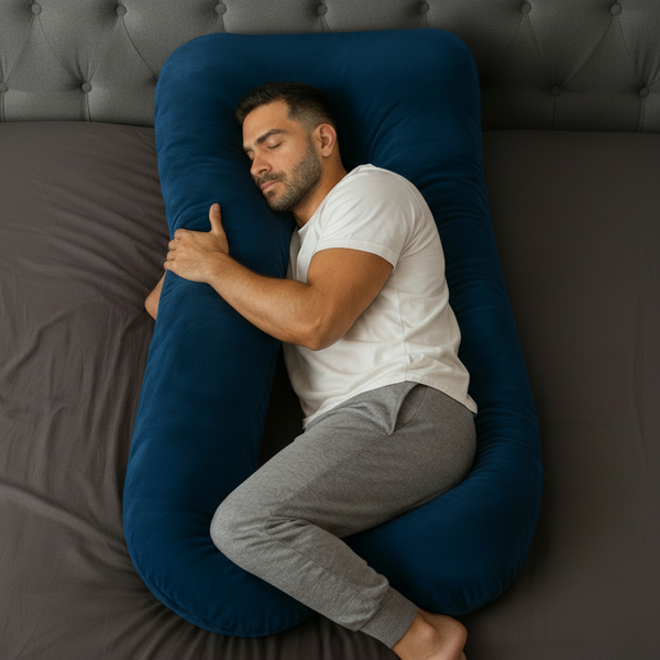 Man resting on a navy-blue full-body pillow with soft velvet cover.